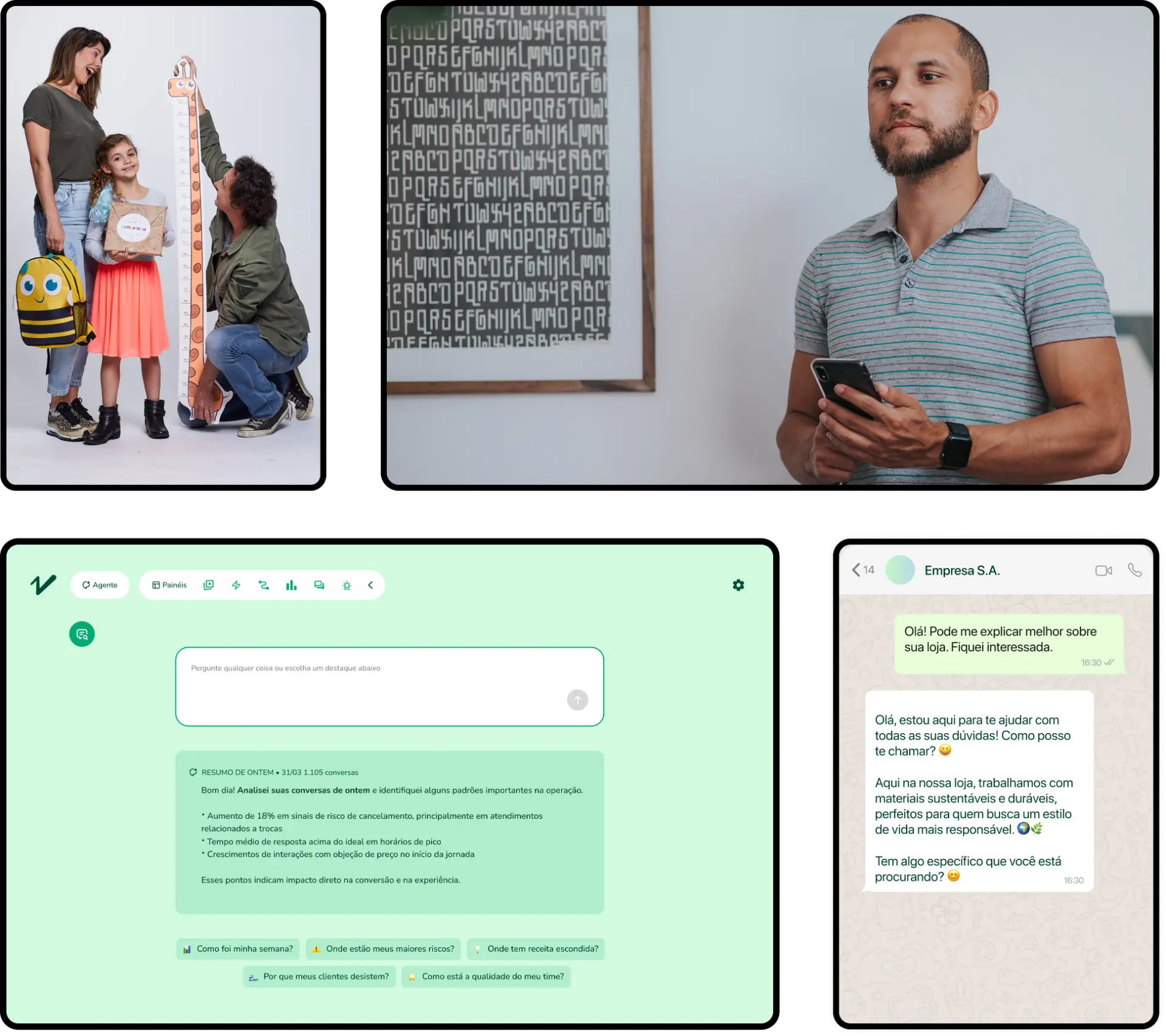 Colagem de projetos: família com produtos infantis, interface da WeClever e retrato de Otávio Limão